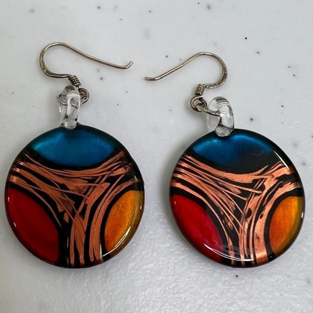 Glass Earrings Red Blue Copper Tone Fused Dangle Drop Round‎ Geometric